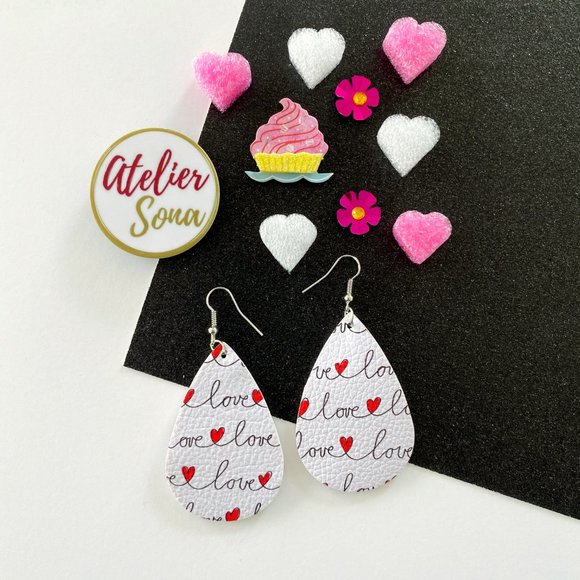 Atelier Sona Jewelry - Printed "LOVE" Tear Drop Earrings - White
